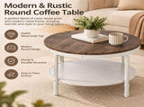 Round 2-Tier Wood Coffee Table, Dark Walnut Finish with Black Wood Grain, White Textured 27271682