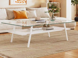 Rectangle Coffee Table, Tempered Glass Tabletop with White Metal Legs, Modern Table for Living Room W241126032