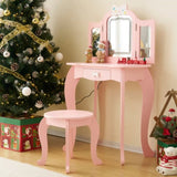 Kids Vanity Table and Chair Set, 2-in-1 Girls Vanity with Tri-Folding Mirror & 3-Color LED Lights, 1 83208764