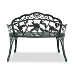 ZUN Outdoor Cast Aluminum Patio Bench, Porch Bench Chair with Curved Legs Rose Pattern, Antique Green 56157164