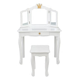 Children's Wooden Dressing Table Three-Sided Folding Mirror Dressing Table Chair Single Drawer White 07586825