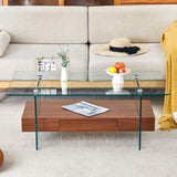 ZUN 43.3 Inch Modern Two-Tier Coffee Table - Clear Tempered Glass and Dark Wood Grain, Multifunctional W1151P232626