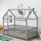 Twin Size Floor Wooden Bed with House Roof Frame, Fence Guardrails,Grey W1858123985