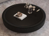Black Round Fluted Coffee Table with Tempered Glass Top, PU Leather Body , Baked Enamel Metal Base & W3081P428980