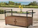 Outdoor Bar Cart Table, Large Wicker Island Rolling Cart, Wheeled Buffet Serving Cart with Glass Top 04069114