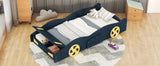 Twin Size Race Car-Shaped Platform Bed with Wheels and Storage, Dark BlueYellow WF305759AAC