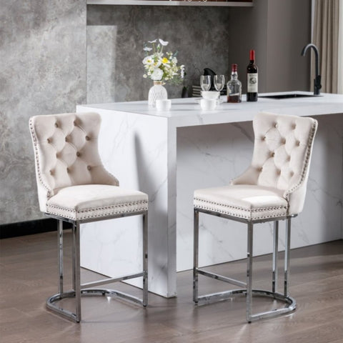 ZUN 26" Counter Height Bar Stools Set of 2, Modern Velvet Barstools with Button Back&Rivet Trim W1143112576