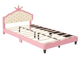 Twin Size Lovely Crown Fantasy PU Leather Princess Bed with Tufted Headboard, PinkCream N733P198760H