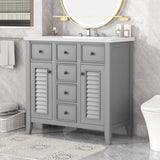 ZUN 36" Bathroom Vanity with Ceramic Basin, Two Cabinets and Five Drawers, Solid Wood Frame, Grey 60067472