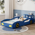 ZUN Wooden Race Car Bed,Car-Shaped Platform Twin Bed with Wheels For Teens,Blue & Yellow WF310553AAC