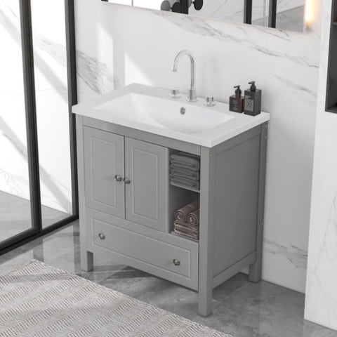 ZUN [VIDEO] 30" Bathroom Vanity with Sink, Bathroom Storage Cabinet with Doors and Drawers, Solid Wood 39598367
