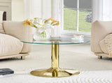 27.5-inch diameter round tempered glass coffee table. 17.7 inches high, supported by a golden metal W1151P439524