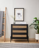 ZUN Rattan Storage Cabinet with 3 Large Drawers, Boho Mid-Century Wooden Nightstand Drawer Dresser, W1801P182002