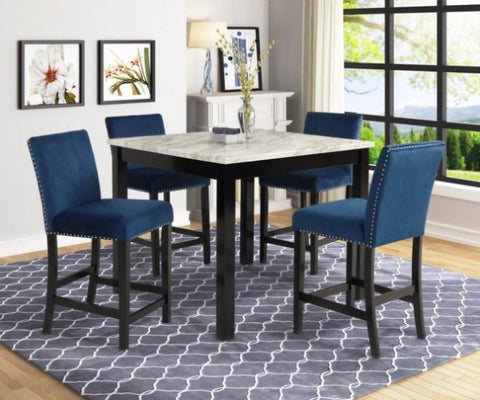 ZUN 5pc Counter Height Dining Set Square White Faux Marble Table Blue Velvet Upholstered Tufted Nail B011P243219