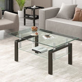 ZUN Transparent Tempered Glass Coffee Table, 2 Layer Storage Tea Table, Clear Center Table W327P202025