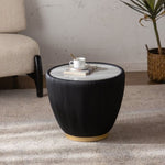 ZUN Modern Side Table, Round Drum Coffee Table with Sintered Stone, PU Leather and metal Base, Black, W2853P229890