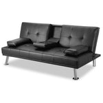 ZUN MEGA Futon Sofa Bed, Modern Faux Leather Convertible Folding Lounge Sofa for Living Room with 2 Cup W97543712