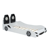 Wood Twin Size Race Car-Shaped Platform Bed with LED and Upholstered Backrest, White 28964519