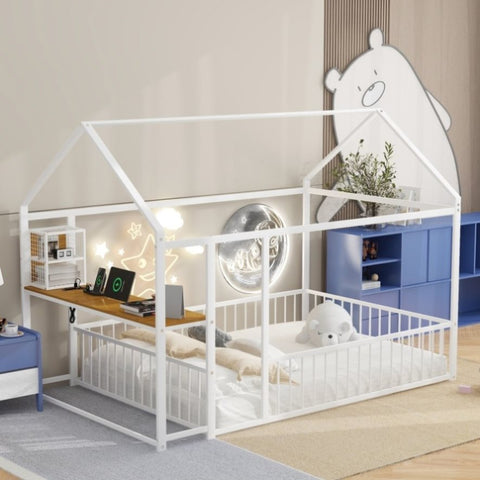 ZUN Full Size Metal Bed House Bed Frame with Desk, Shelves, Power Outlets and USB Ports, White N737P173491K