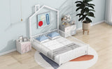 Full Size Metal House Platform Bed with Guardrail and Chimney, White N709P203153K