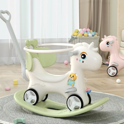 ZUN Rocking Horse Toddlers, Balance Bike Ride On Toys with Push Handle,Backrest and Balance Board W509125828