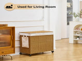 165L 3-Section Laundry Hamper with Lid and Wheels, Woven Rattan Rolling Laundry Hamper 60470878