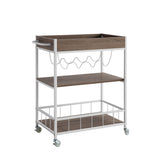 Rolling Kitchen Cart with Three Tier Storage and Four Wine Bottle Rack - Brown and White Metal B107131416