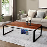 ZUN 41.7 Inch Rectangular Coffee Table with Plank Style Top, Metal Frame, Brown and Black B05671899