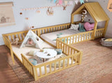 Twin Size House Floor Bed, Double Twin Floor Bed with Door and Full-length Guardrails, W1580P327129