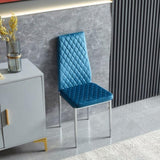 ZUN Light blue modern simple style dining chair fabric chrome metal pipe diamond grid pattern restaurant W29964282