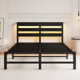 Full Size Metal Bed Frame with Wooden Headboard, RGB Lights, Outlets & Charger, Storage Shelf, W840P209906