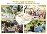 175Pcs Disposable Gold Dinnerware Set Gold Rim Plastic Plates Cups Fork Spoon Knife Paper Napkins 80206586