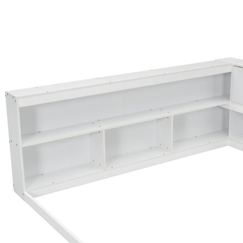 ZUN Full Floor Bed with L-shaped Bookcases, sliding doors,without slats,White W504P146192