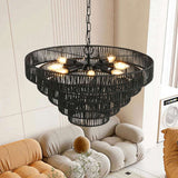Rustic 5-Tier Black Hemp Rope Chandelier with 8 E12 Sockets, UL Listed Hardwired Pendant Light, Boho W1340P241299