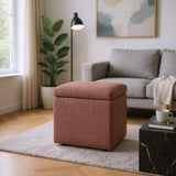 Brown Linen-Textured Storage Ottoman with Black Rubber Feet Compact Square Seat with Hidden 46931378