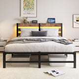 Queen Size Metal Bed Frame with Wooden Headboard, RGB Lights,Charger, Storage Shelf, Noise-Free, No W840P209904