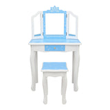Children's Wooden Dressing Table Three-Sided Folding Mirror Dressing Table Chair Single Drawer Blue 02718254