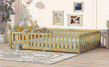 Full Size Floor Bed with Fence and Door,Rubber Wood Floor Bed with Safety Guardrails,Natural W504P296787