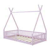 Twin Size Wood House Bed with Fence, Pink N709P183348H