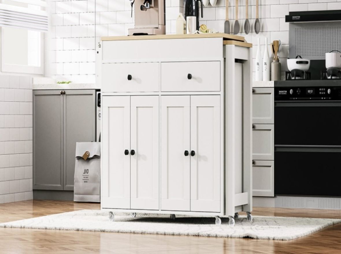 K&K 74.5 inch Kitchen Island with Extendable Dining Table , Rolling Ki ...