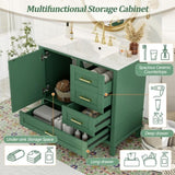36" Green Bathroom Vanity with Solid Pine Frame, 1 Soft Close Door and 3 Drawers , Modern Storage N729P211167F
