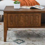 Mid Century Modern Fluted Coffee Table with Storage Sliding Door & Solid Leg, Vintage Farmhouse W1801P195680