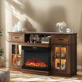 58-inch Deep Walnut Electric Fireplace TV Stand - 2 Lattice Glass Doors, 2 Drawers & Adjustable 11885460