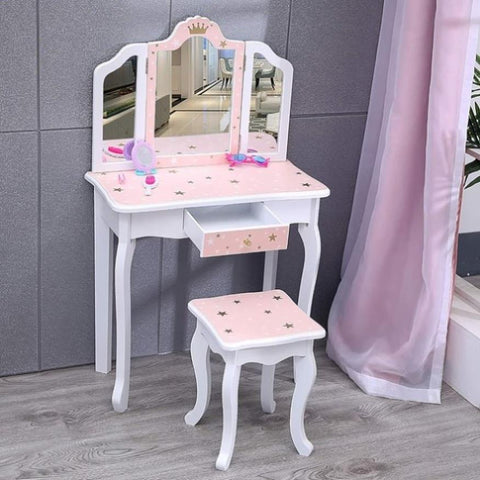 ZUN Kids Vanity Table and Chair Set, Girls Vanity Set with Stool, Tri-Folding Mirror, Makeup Dressing W2837P197836