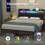 Queen Bed Frame, Ergonomic Headboard with Multi-Space Storage, Bedframe with Charging Station RGB B2716P332042