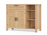 Natural Rattan Buffet Sideboard, Pull-Out Drawer & 3 Open Shelves, 3-Position Adjustable Cabinet 49396034
