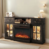 58-inch Black Gold Oak Electric Fireplace TV Stand - 2 Doors, 2 Drawers & Display Shelf with Lattice 59834472