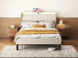 Queen Size Platform Bed Frame with Fabric Headboard and Wooden Slats Support, Fully W2889P272596