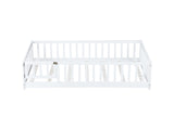 Twin Size Floor Bed with Fence and Door,Rubber Wood Floor Bed with Safety Guardrails,White W504P296777