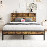 Queen Bed Frame with Storage Headboard, Metal Platform Bed with Charging Station, Bookcase Storage, W840127764